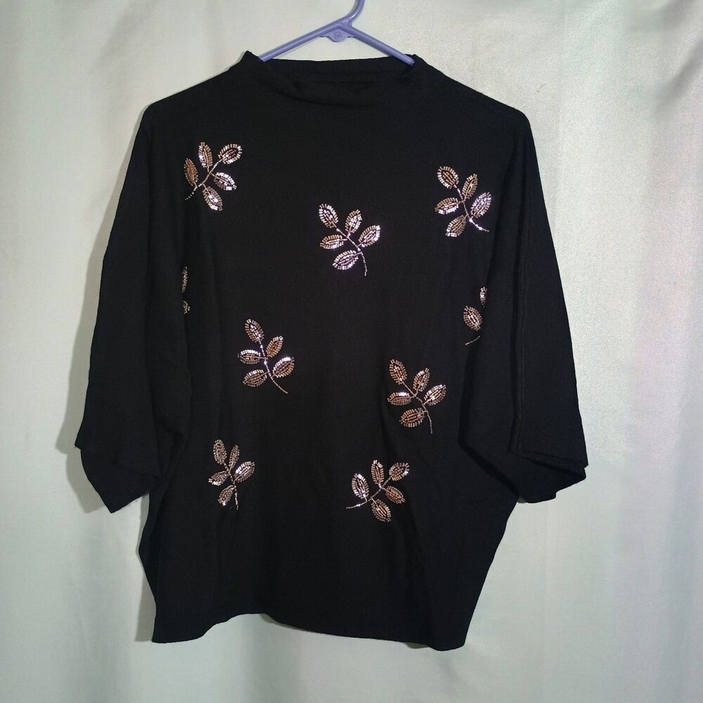 Women’s Black Embellished Leaf Top – 3/4 Sleeve Mock Neck Dressy Blouse